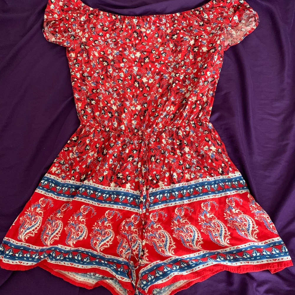 Red floral romper.